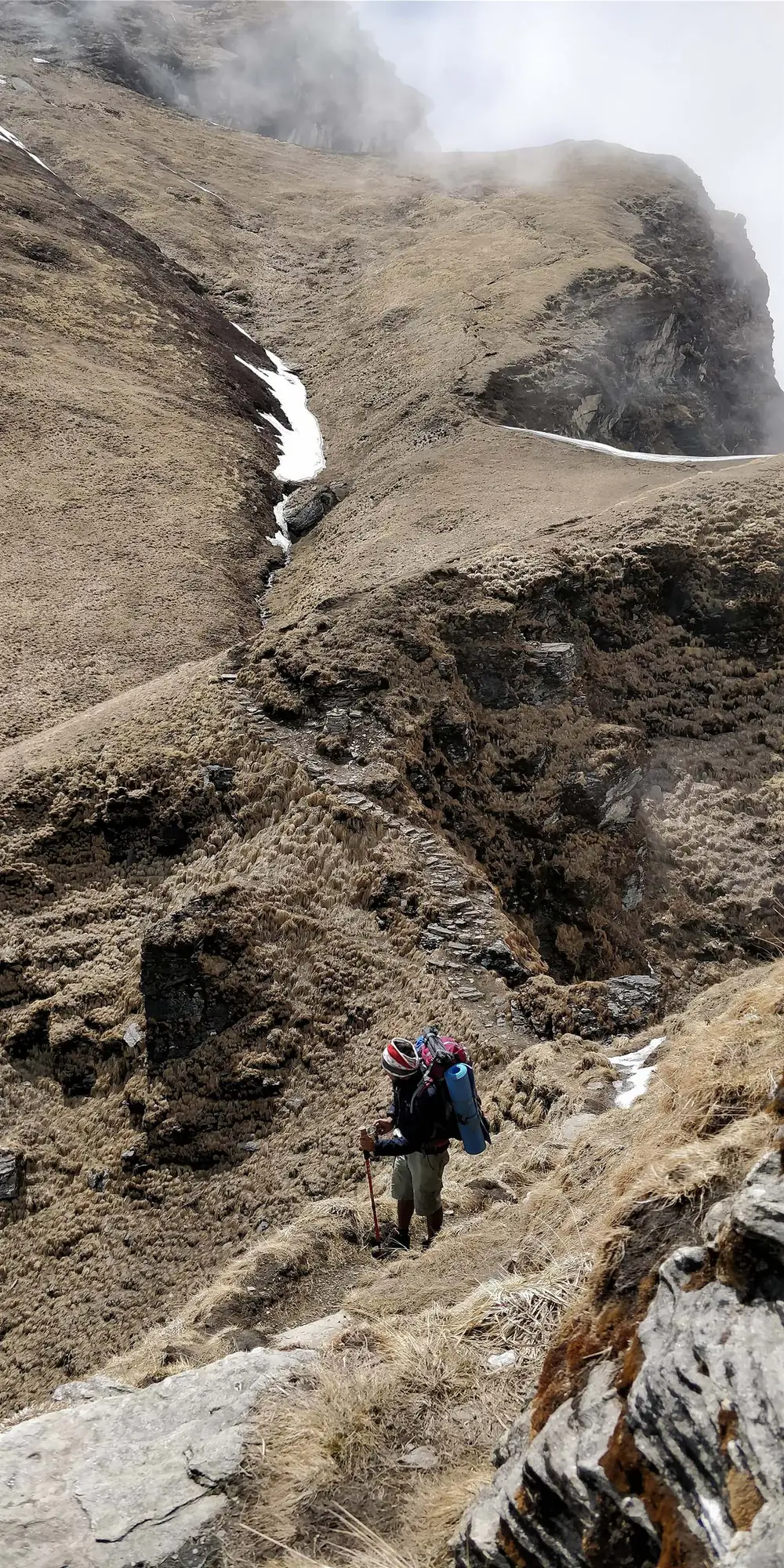 Vast high slopes near Bishnumuhan, Bajura, with tiny trekkers on the trail